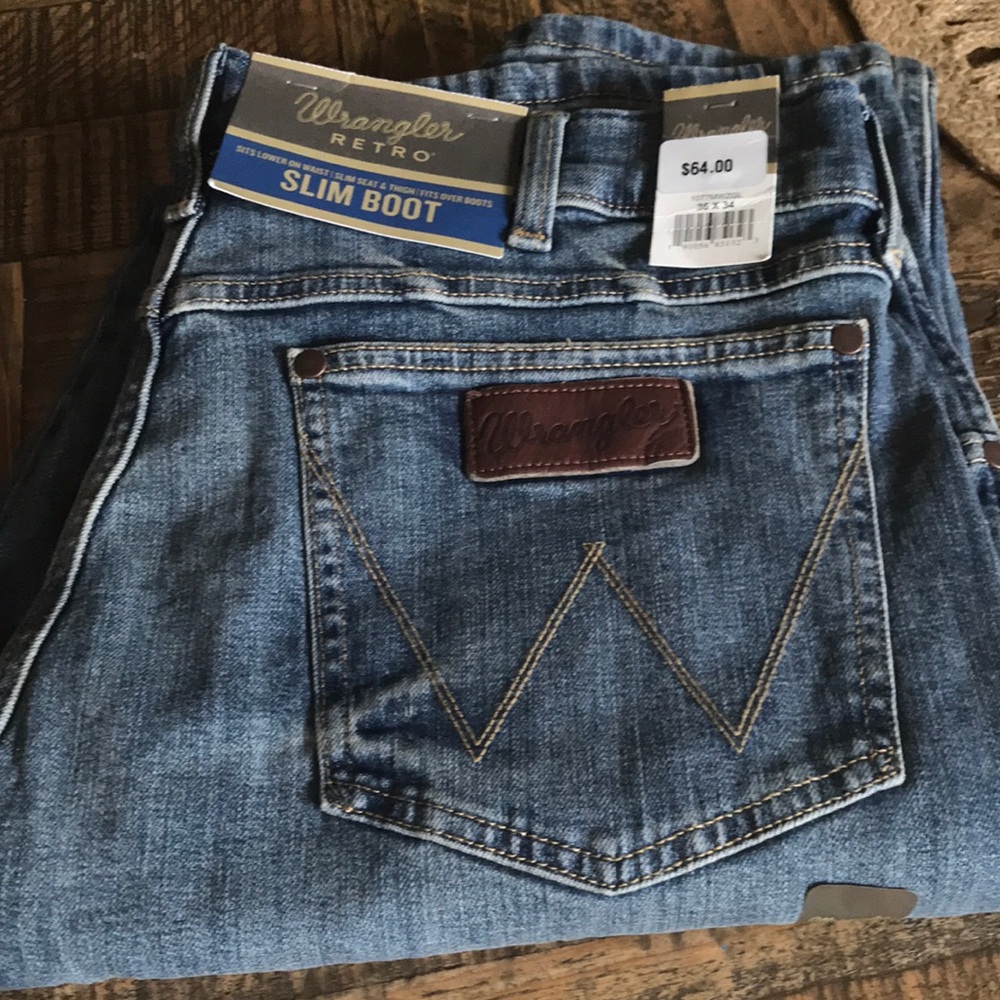 Wrangler Retro Slim Boot Jeans - Medium Blue Distressed look.   36x34